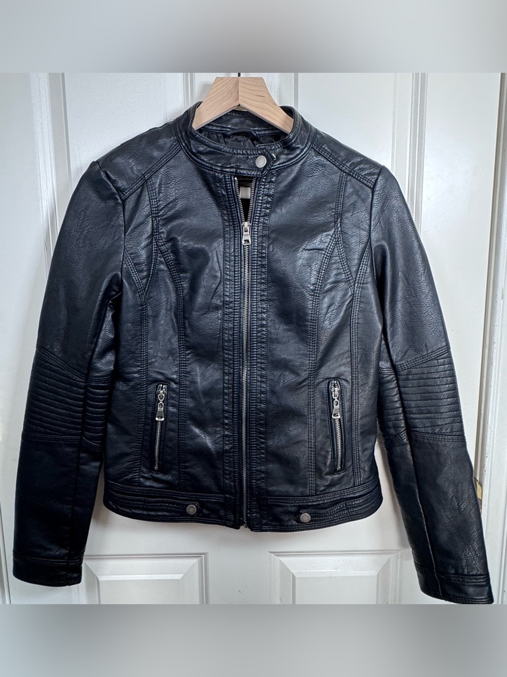 Cat Walk Studio Black Faux Leather Moto Jacket with Quilted Sleeve Panels